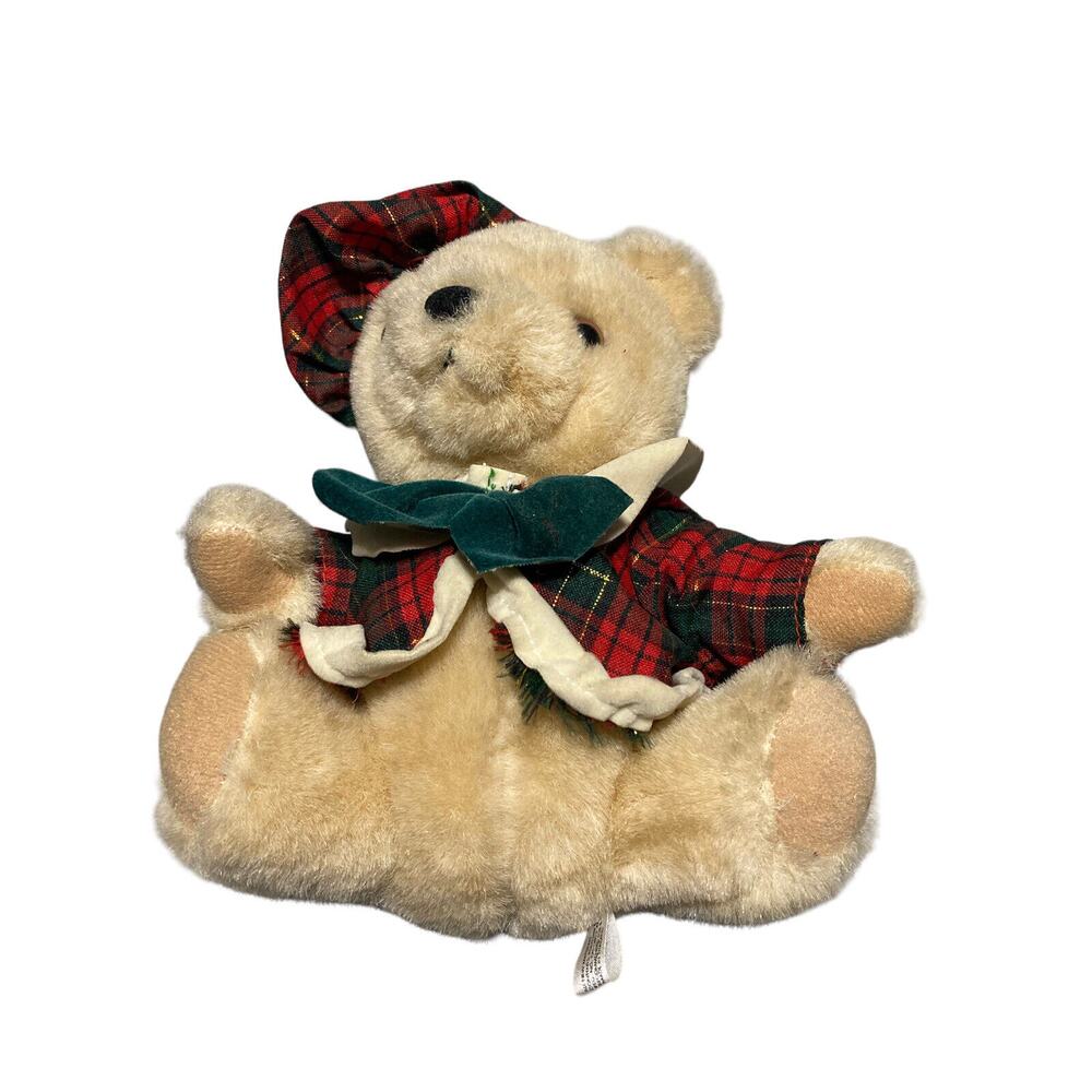 Vintage ANCO Plush Teddy Red Green‎ Christmas Plaid Holiday Toy Golfer Hat